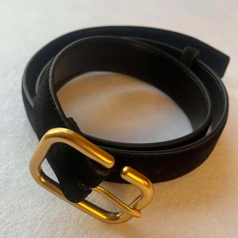 Black suede belt with gold buckle